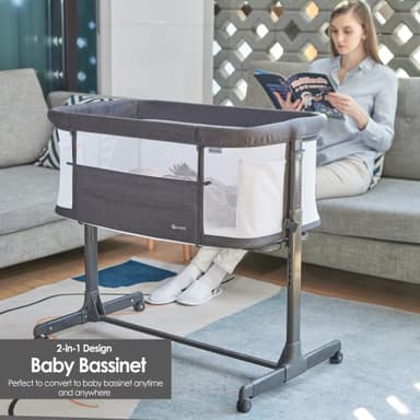 QUTANIX Baby Bassinet Bedside Sleeper with Wheels,Easy Folding Lightweight Crib for Baby/Infants,Breathable Mesh and Adjustable Height - Grey - Image 3