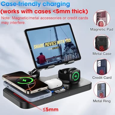 6 in 1 Wireless Charger for Apple Device, 30W Foldable Wired Charging for ipad with Clock & 7 Color Ambient Light, Nightstand Charger Station for iPhone 17/16/15/iWatch Series/AirPods 4/Pro 3(Black) - Image 6