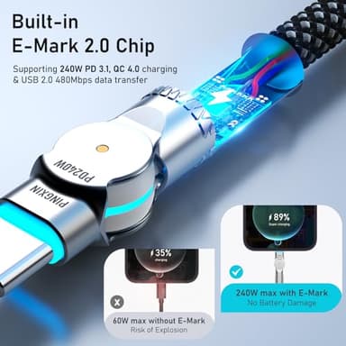 USB C to USB C Cable10ft,240W 2-Pack Braided 180°Rotating Type C Charging CableFast Charge for iPhone 16/16Pro/16Plus/16ProMax,MacBook Air,iPad Pro,Pixel,Samsung Galaxy S23/S24 Ultra-Black - Image 5