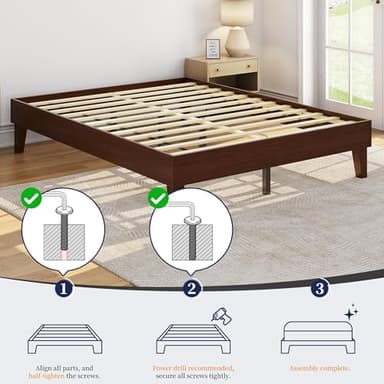 Yaheetech Full Bed Frame Natural Solid Wood Platform Bed with Wooden Slats Support, 12-inch Underbed Space for Storage, Noise-Free Design, Easy Assembly, Dark Walnut Finish - Image 4