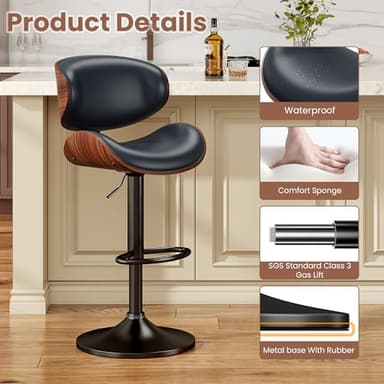 YaFiti Bar Stools Set of 4, Bentwood Adjustable Height Swivel Bar Stools, PU Leather Upholstered Bar Chair with Back and Footrest for Bar, Kitchen, Blue - Image 5