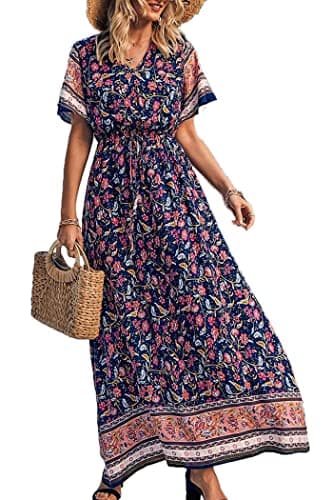 PRETTYGARDEN Women's Casual Summer Boho Floral Print Dress V Neck Short Sleeve High Waist Long Maxi Beach Dresses (Navy,X-Large) - Image 1