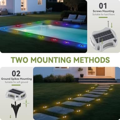 12Pack Solar Deck Lights Driveway Dock Light, 12 Color Modes Led IP67 Waterproof Outdoor Warning Step Lights for Driveway Sidewalk Garden Pathway Yard[Strobe/RGB/Fix-Color] - Image 3