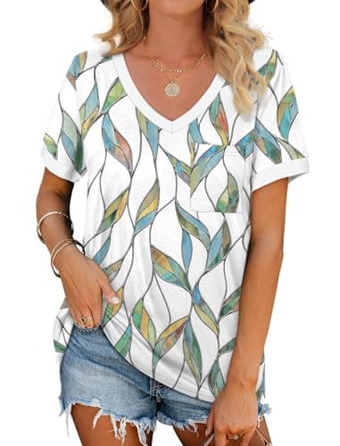 Geifa Womens Plus Size Tops Dressy Casual V Neck T Shirts Loose Fitting Short Sleeve Shirts Summer Beach Fashion XXL - Image 1