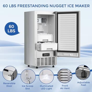 Electactic Commercial Nugget Ice Maker Machine, 66Lbs/Day, Bulit-in Freestanding Under Counter Ice Machine, Self-Cleaning & 24H Timer & LCD Panel,Stainless Steel Ice Maker - Image 5