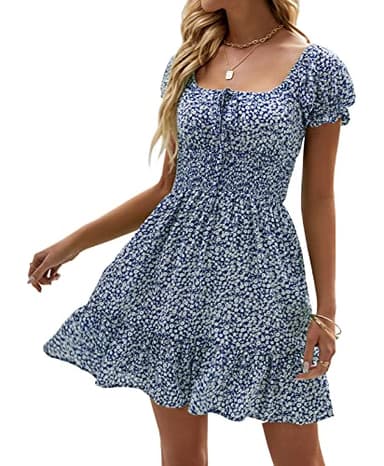 Heysolo Womens Boho Floral Mini Dress Square Neck Short Sleeve Smocked Beach Summer Dresses Navy Blue - Image 1