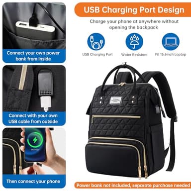 ETRONIK Lunch Backpack for Women, 17.3 Inch Laptop Backpack with USB Port, Stylish Nurse Backpack Teacher Work Bag with Insulated Cooler Lunch Box for Women Men/Travel, Black - Image 5