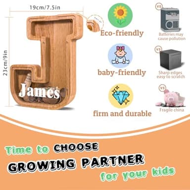 JOOMLAFLY Wooden Letter Piggy Bank for Kids Larger Letter Piggy Bank for Boys and Girls Personalized Piggy Bank Initial Coin Bank Wood Kids Money Bank for Birthday and Festival - Image 5