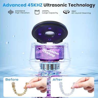 45kHz Ultrasonic Retainer Cleaner, 200ML Dental Cleaning Pod for Dentures, Mouth Guards, Braces, Aligner, Toothbrush Jewelry and More, UV Denture Cleaner with 4 Modes & Digital Timer - Image 2