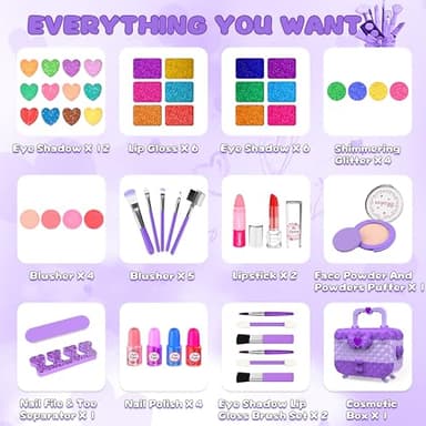 54 Pcs Kids Makeup Kit for Girls, Princess Real Washable Pretend Play Cosmetic Set Toys with Mirror, Birthday Gifts for 3 4 5 6 7 8 9 10 Years Old Girls Kids (Purple) - Image 3