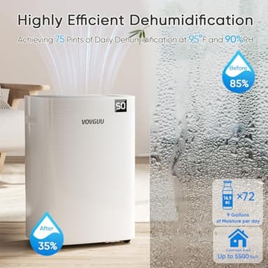 VOVGUU 5500 Sq.Ft 75 Pints Dehumidifier for Basement and Home with Drain Hose & 1.43 Gal Water Tank, 3 Smart Modes, Humidity Control, Auto Defrost, 24H Timer- Energy Star Dehumidifer for Large Room - Image 2