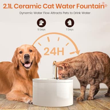 MISFANS Ceramic Cat Water Fountain - 2.1L/71oz - All-Ceramic Body & Pure Copper Water Spout - Non-Toxic - Automatic Pet Drinking Fountain Indoor with Ultra-Quiet Pump, and 3Pcs Filter & Sponge (White) - Image 5