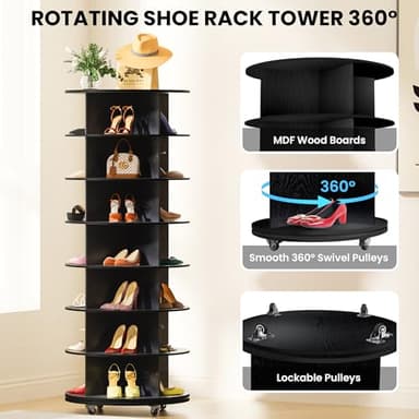 Gujiam Wood 7-Tier Rotating Shoe Rack Tower, 360 with Wheels, Shoe Tree Organizer for Entryway Closet Bedroom, Space-Saving Design, Compact Tower, 66.9 Inch - Black - Image 4