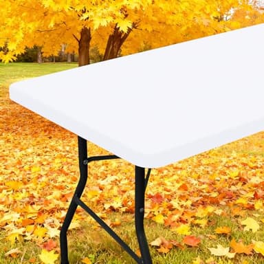 Smiry Rectangle Picnic Table Cloth, Waterproof Elastic Fitted Tablecloths for 6 Foot Tables, Washable Polyester Table Cover for Camping, Indoor and Outdoor (White, 30"x72") - Image 1