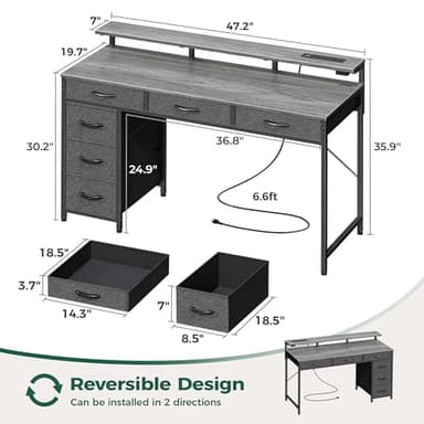 Huuger Gaming Desk with 6 Drawers, Computer Desk with LED Lights Power Outlets and Type-C, 47 Inch Office Desk with Storage, Monitor Stand, Writing Desk Work Desk for Home Office, Bedroom, Study, Grey - Image 3
