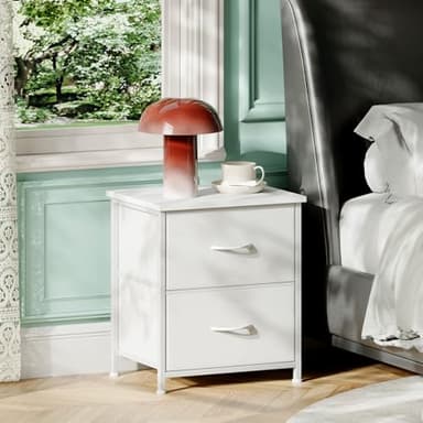 Somdot White Nightstand, Small Dresser for Bedroom with 2 Drawers, Bedside Table Night Stand End Table with Fabric Bins for Bedroom Kids Closet Dorm Guest Room, White Leather - Image 2