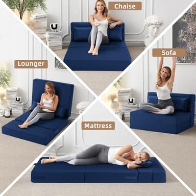 FILUXE Convertible Folding Sofa Bed - Sleeper Chair with Pillow, Modern Linen Fabric Floor & Futon Couch, Foldable Mattress for Living Room/Dorm/Guest/Home Office/Apartment,Standard Size, Navy Blue - Image 2