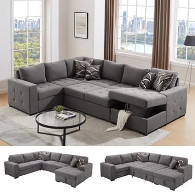 THSUPER 123'' Sectional Sleeper Sofa Couch with Pull Out Bed, 6 Seater U Shaped Oversized Comfy Linen Sleeper Sectional Sofas Couches with Storage Chaise for Living Room, Gray - Image 1