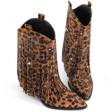Ouepiano Cowboy Boots for Women - Cowgirl Rhinestone Boots with Sparkly Fringe Pointed Toe Western Boot Chunky Heel Pull-On Wide Calf Leopard Botas Vaqueras Size 7.5 - Image 5
