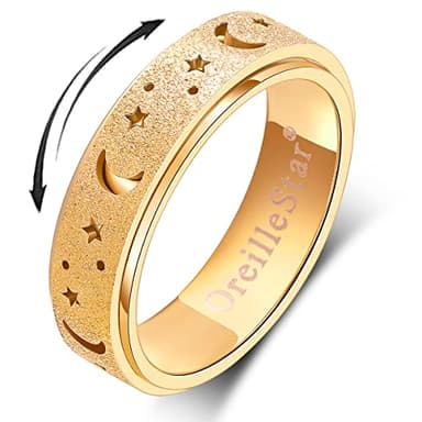 OreilleStar Anxiety Ring for Women Spinner Ring Stainless Steel Fidget Toys Adults Fidget Spinner Ring Fidgit Ring (Moon Star-Gold, 8) - Image 1