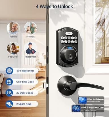 Veise Fingerprint Door Lock with 2 Lever Handles - Keyless Entry Door Lock, Electronic Keypad Deadbolt, Digital Smart Code & Front Handle Sets, Auto-Locking, Easy Installation, Matte Black - Image 3