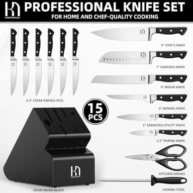 KnifeSaga Knife Set, 15 Pcs Kitchen Knife Block Set, Enduring Razor-Sharp Japanese High Carbon Stainless Steel Chef Knife Set with Block and Sharpener, Premium Black Knives Set for Kitchen - Image 6
