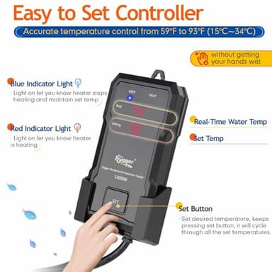 hygger 1000W Aquarium Heater with Controller, Adjustable & Submersible Fish Tank Heater with Digital Display Safety Triple Protection Beeping Alarm for Saltwater and Freshwater 130-260 Gallon - Image 3