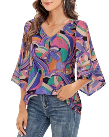 Bebonnie Blouses for Women Business Casual: Office Wear - 3/4 Length Sleeve Womens Tops - Chiffon Tunic Tops for Womens Spring Summer Fashion Trendy Clothes V Neck Shirts for Work Fancy Geometry M - Image 2