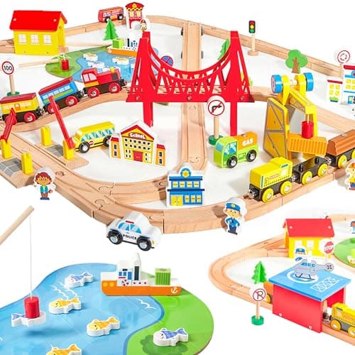 110PCS Wooden Train Set - Urban Journey, City Scene Railway Set with Magnetic Trains, Cars, Helicopter & Ship, Perfect Christmas Birthday Toy Gift for Kids Toddlers Boys Girls Ages 3-8 - Image 1