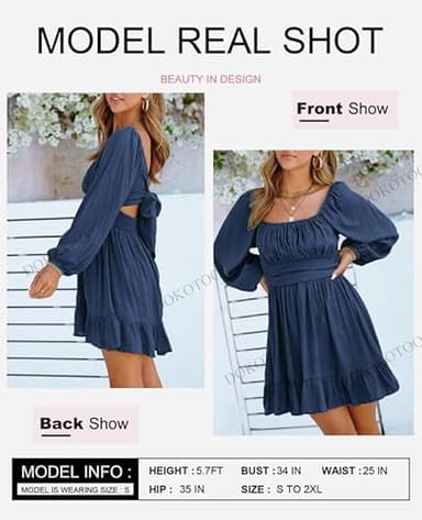Dokotoo Women's Square Neck Off The Shoulder Dresses Tie Back Long Lantern Sleeve Ruffle A-Line Mini Dress Shirred Elastic Waist Casual Dresses Small Dark Blue - Image 4