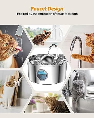 AONBOY Cat Water Fountain with Water Level Window, 108oz/3.2L Cat Fountain Stainless Steel, 6Filters + 3Sponge Filters, Faucet Shape Dog Water Fountain, Double Noise Reduction Design, Multi Filtration - Image 7