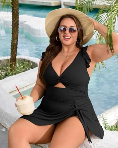 Charmo Women's Tie Knot Plus Size Swimsuit for Women Tummy Control One Piece Bathing Suit Slimming Ruffle Swimdress Black 2X - Image 9