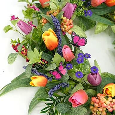 WreathDream 22 inch Spring Summer Wreath Tulip Wreath for Front Door with Purple Tassels, Eucalyptus Leaves, Ferns, Butterflies for Indoor Outdoor Wall Festival Home Farmhouse Wedding Decor - Image 7
