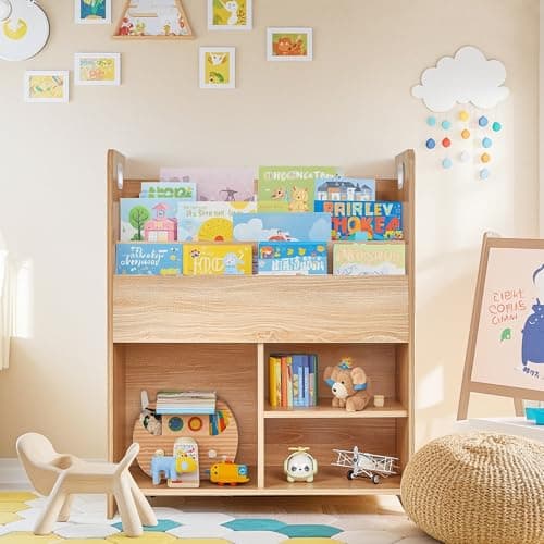 VECELO Wooden Children’s Bookshelf - Kids Book Organizer with 3-Tier Display and 2-Tier Storage Compartments, Easy-to-Access Toddler Bookcase for Playroom, Bedroom, or Nursery - Teak - Image 1
