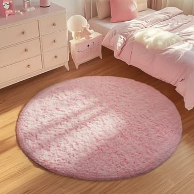 Ophanie Pink Round Rug for Bedroom Girls, Kids Fluffy Kawaii Fuzzy Furry Shag Area Rug, Cute Plush Soft Shaggy Bedside Circular Rugs 4Ft, Carpet for Teen Nursery Dorm Home Room Decor Aesthetic - Image 2