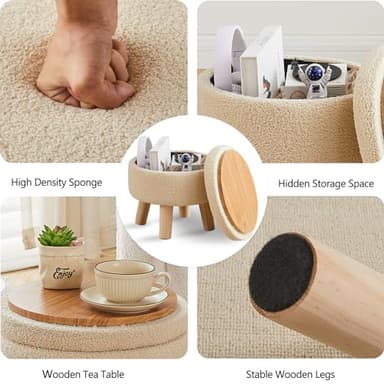 Wimarsbon Storage Ottoman, Modern Round Footrest with Soft Padded Seat, Teddy Velvet Footstool with Wood Legs, Accent Small Table or Plant Stand for Hallway, Living Room (Off-White) - Image 4