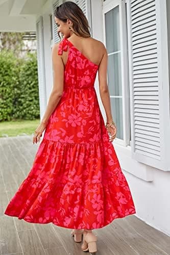 PRETTYGARDEN Women's Summer Floral One Shoulder Maxi Dress Knot Ruffle Boho Beach Vacation Wedding Guest Long Sun Dresses - Image 5