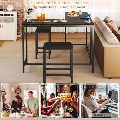 HUAHUU Bar Table and Chairs Set for 2-4, 63'' Convertible L-Shaped Kitchen Table with Power Outlets, 3 Piece Counter Height Small Dining Table with 2 Stools, Space Saving, Breakfast Nook Corner, Black - Image 2