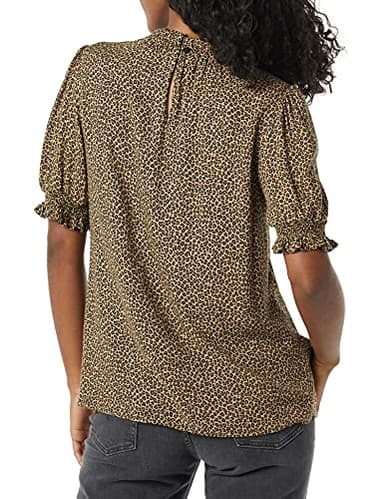 Amazon Essentials Women's Fluid Twill Short Puff Sleeve Smock Detail Shirt, Camel Micro Cheetah, Medium - Image 2