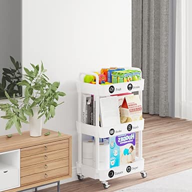 Laiensia 3-Tier Rolling Cart with Wheels,Multifunction Utility Storage carts, Kitchen Storage Organizer,Mobile Shelving Unit for Bathroom,Laundry,with Classified Stickers,White - Image 8