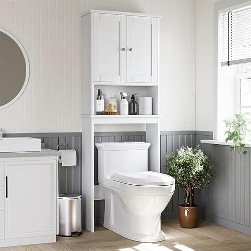 Shintenchi Over The Toilet Storage Cabinet, Bathroom Shelf Organizer with Anti-Tip Device Small Freestanding Space Saver with Adjustable Shelf，White - Image 1