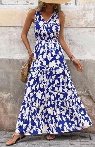 BTFBM Women Summer Dresses Casual Sleeveless Maxi Dresses Cute Floral Long Dress Wedding Guest Dress(Royal Blue Beige Flower,Medium) - Image 2