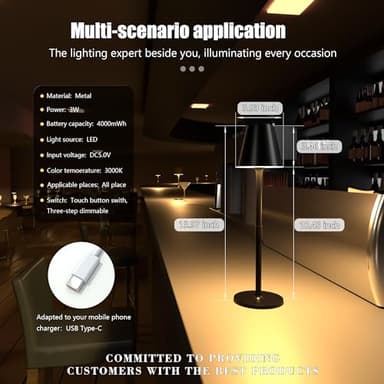 Timjorman 2 Pack LED CordlessTable Lamp,4000mAh Rechargeable Battery Desk lamp,3 Level Brightness Night Light,Minimalist Design, for Couple Dinner/Coffee Table/Restaurant/Bedroom(Black 2pack) - Image 9