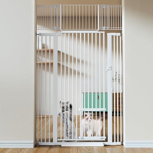 COMOMY 71" Extra Tall Pet Gate for Cats, 29.5-40.6" Extra Wide with Adjustable Cat Door, Pressure Mounted Easy Walk Through Gate with Door for Stairs, Doorways, Kitchen (White) - Image 1