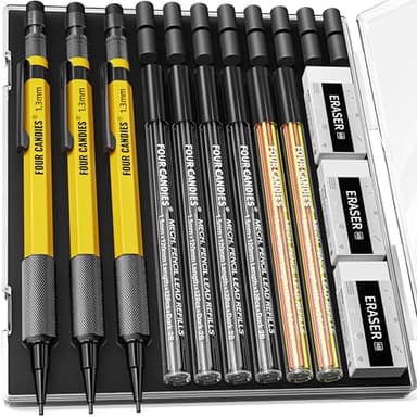 Four Candies 3PCS 1.3mm Mechanical Pencil Set with Case, Metal Heavy Duty Carpenter Pencils with 72 Refill(Red,Black,Yellow) 3Eraser, 16Eraser Refill, Weatherproof Body Outdoor Woodworking Marking - Image 1