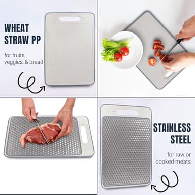 Stainless Steel Cutting Board Double Sided for Kitchen– 304 Stainless Steel/Wheat Straw PP Cutting Board for Meat, Fruit, Veg, Non Slip, Juice Groove, Food-Grade Chopping Board, Easy Clean - Image 3