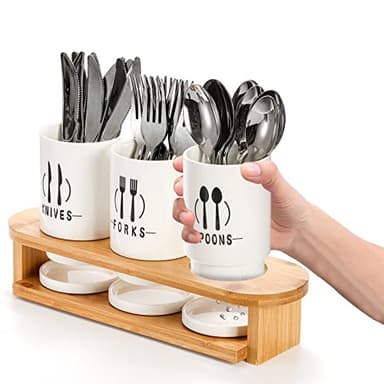 Fasmov Flatware Holder, 3 Pack Silverware Caddy with Bamboo Rack, Utensil Holder Ceramic Flatware Caddy White Ceramic Cutlery Organizer for Forks, Spoons, Knives - Image 3