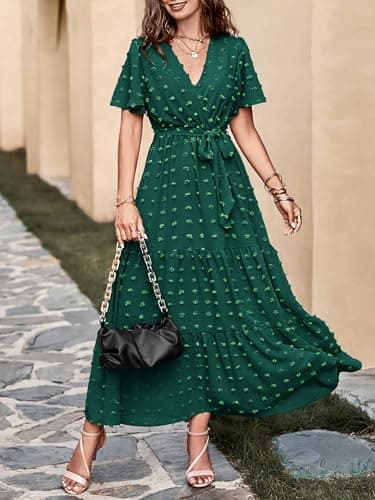 MASCOMODA Womens Boho Swiss Dot Maxi Dresses Wrap V Neck Flutter Short Sleeve Solid Tie Belt A Line Tiered Flowy Long Dress(Dark Green,Small) - Image 8