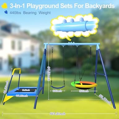 440lbs Kids Swing Set, 3-in-1 Outdoor Playground with Saucer Swing, Belt Seat & 4ft Trampoline, Heavy Duty A-Frame Metal Stand & Safety Stakes, Backyard Playset for Toddlers 3-8 Years Old - Image 3