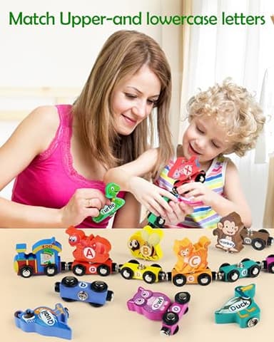 Vanmor Wooden Train Set for Toddlers - Snap-Connection Animal Trains, Magnetic Alphabet Train Learning Toys, STEM Preschool Toys, ABC and Animal Play Set for Kids Ages 3-5 - Image 2